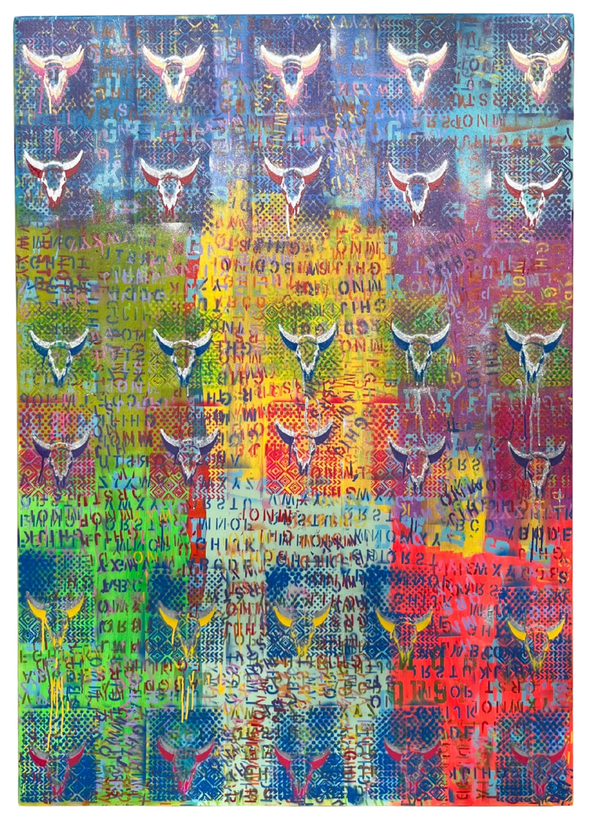 Colorful abstract design with repeated patterns and text on a textured background