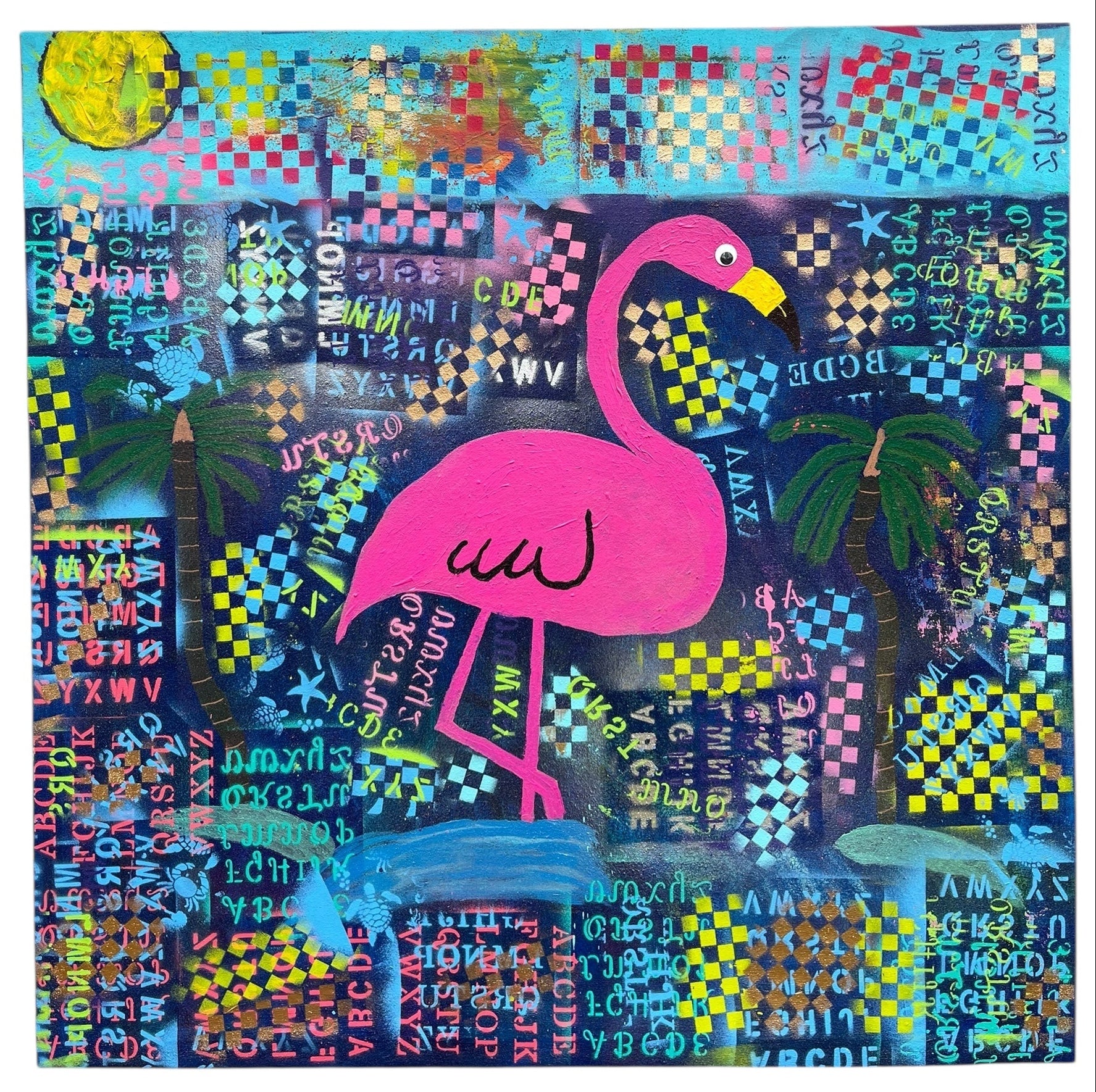 Colorful artwork with a pink flamingo in an abstract setting